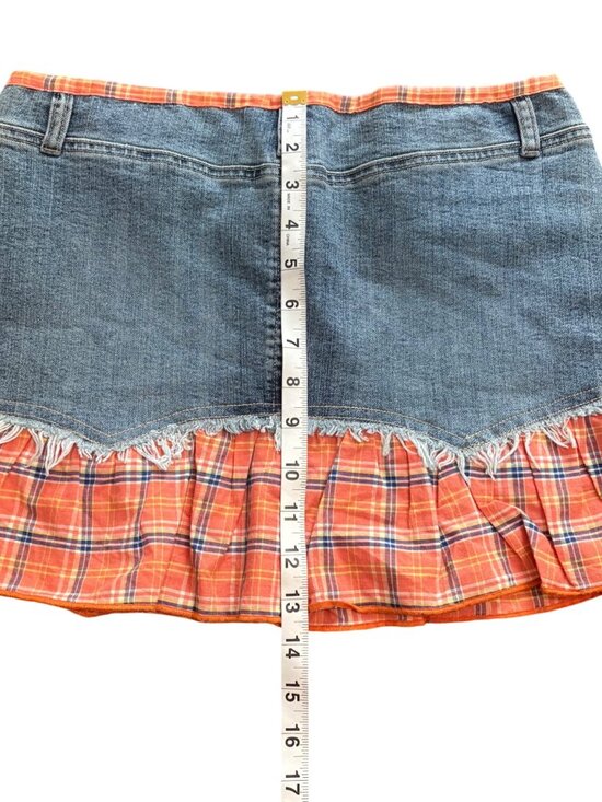 Clash Y2K Blue Denim & Orange Plaid Festival Floral Embroidered Preppy Skirt M - Picture 9 of 9
